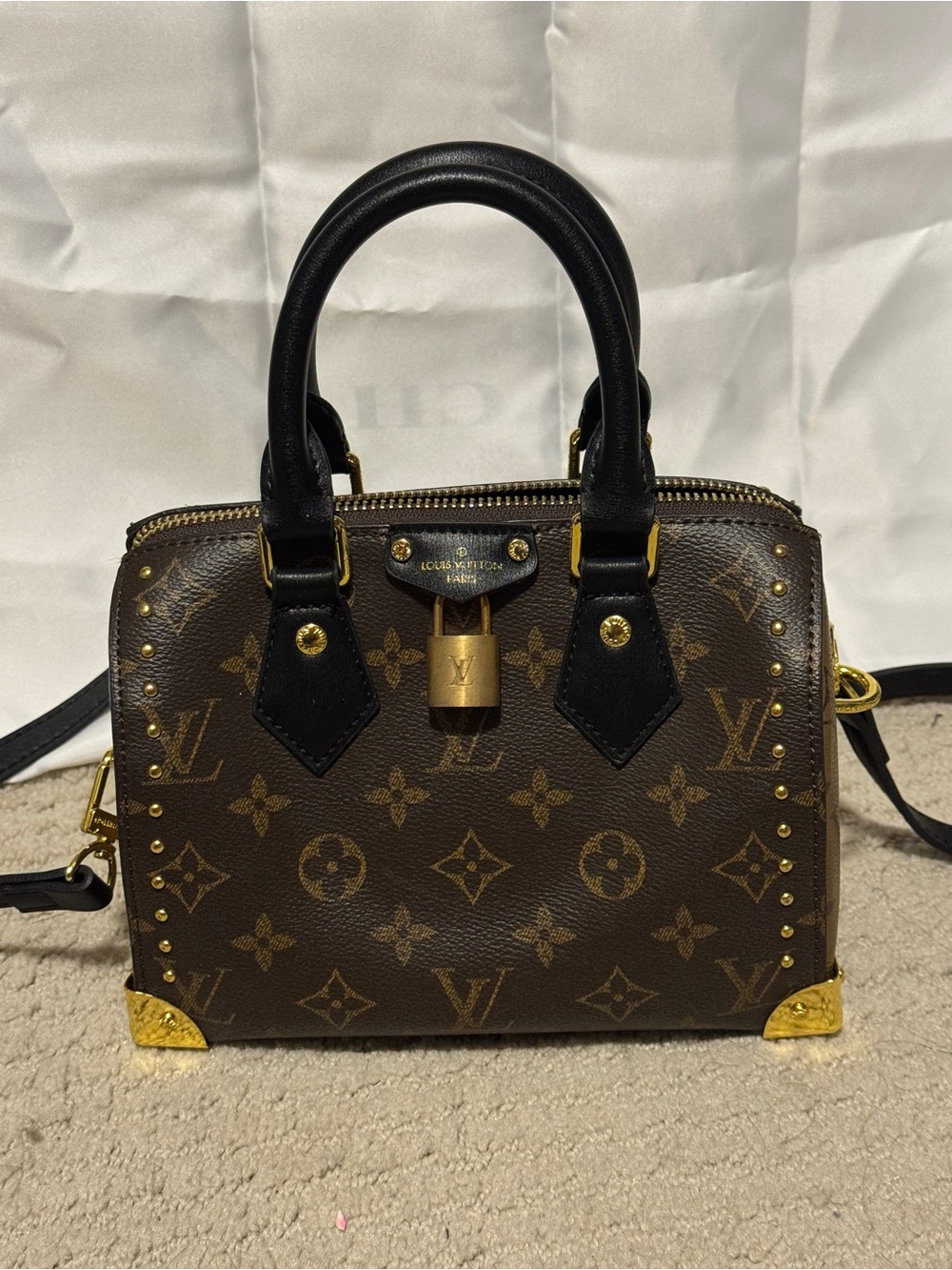 Beautiful trunk satchel in two tone monogram with gold accents